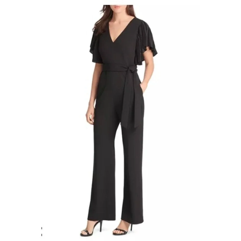 Eliza J Pleated Flutter Sleeve Belted V Neck Jumpsuit Black 14 Party Wedding - Picture 1 of 10